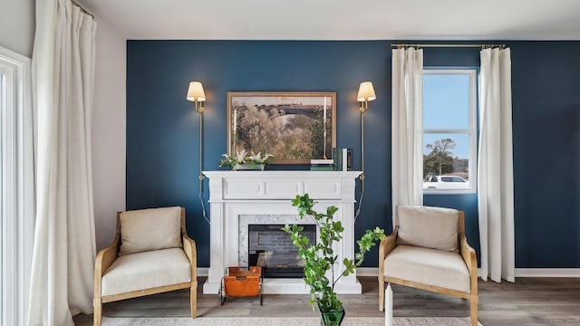 living area featuring baseboards, wood finished floors, and a high end fireplace