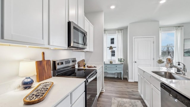 kitchen with a sink, appliances with stainless steel finishes, wood finished floors, and light countertops