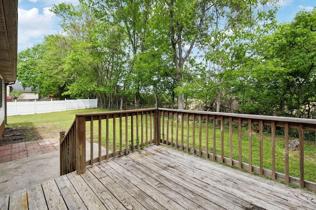 wooden deck featuring fence and a yard