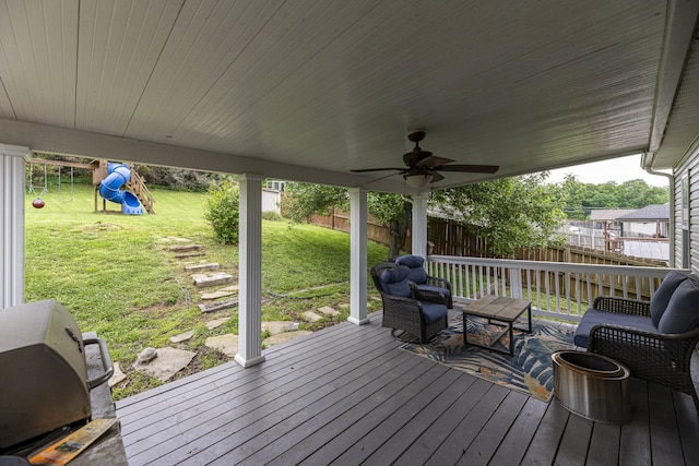 1137 Stillwood Dr, Clarksville, TN 37042 - wooden deck featuring a playground and a ceiling fan