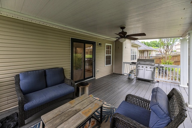 1137 Stillwood Dr, Clarksville, TN 37042 - wooden terrace featuring area for grilling, a ceiling fan, and outdoor lounge area