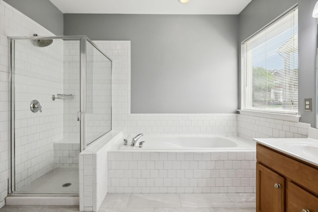 bathroom featuring a garden tub, tile patterned flooring, vanity, and a shower stall
