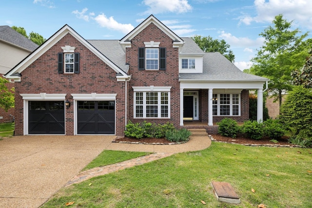 traditional home featuring covered porch, driveway, brick siding, and a front yard