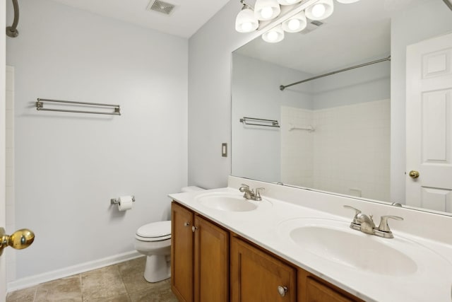 full bathroom with a sink, walk in shower, toilet, and visible vents