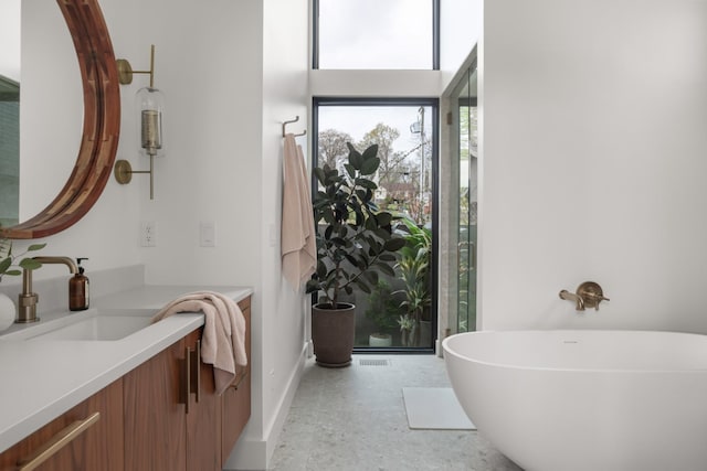 bathroom featuring vanity, baseboards, and a freestanding bath