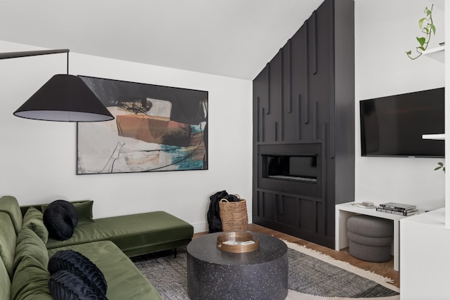 living area featuring wood finished floors and a fireplace