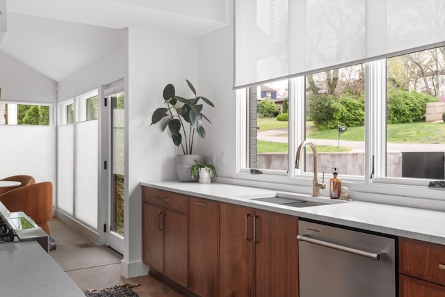 kitchen with stainless steel dishwasher, a sink, a healthy amount of sunlight, and light countertops