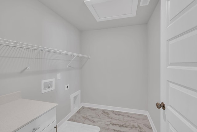 clothes washing area with washer hookup, electric dryer hookup, visible vents, baseboards, and marble finish floor