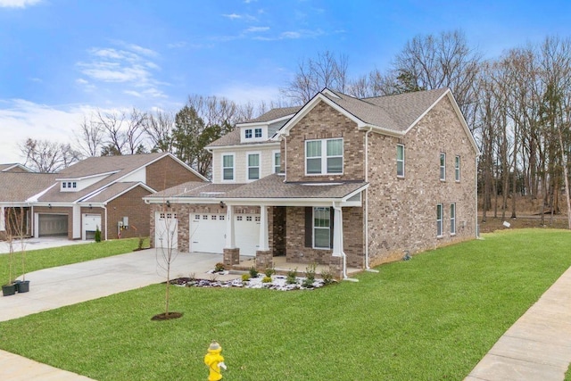 view of front facade with covered porch, brick siding, a front lawn, concrete driveway, and a shingled roof