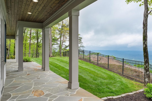 view of patio with a fenced backyard and a water view