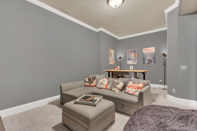 living room with baseboards, visible vents, light carpet, and ornamental molding