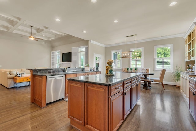 kitchen with a center island, dark wood-style flooring, open floor plan, and dishwasher