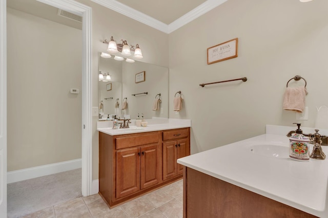 full bathroom featuring vanity, crown molding, tile patterned floors, and visible vents