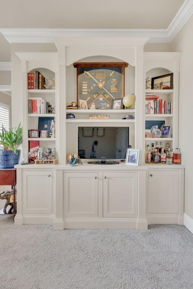 interior space featuring built in features and ornamental molding
