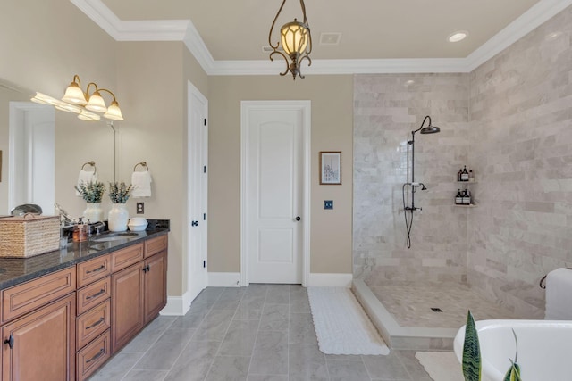 full bath featuring crown molding, an inviting chandelier, vanity, baseboards, and tiled shower