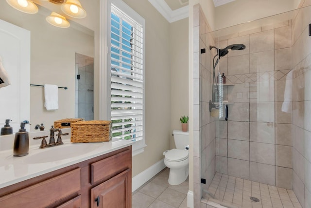 full bathroom featuring crown molding, a stall shower, toilet, and a wealth of natural light