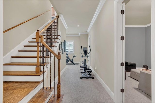 exercise area with baseboards, ornamental molding, and carpet flooring
