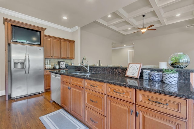 kitchen with ceiling fan, stainless steel appliances, beam ceiling, coffered ceiling, and dark wood-type flooring