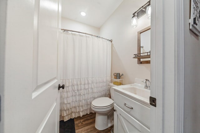 full bath with toilet, vanity, a shower with shower curtain, and wood finished floors