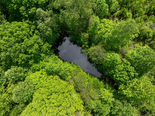 birds eye view of property with a water view and a wooded view