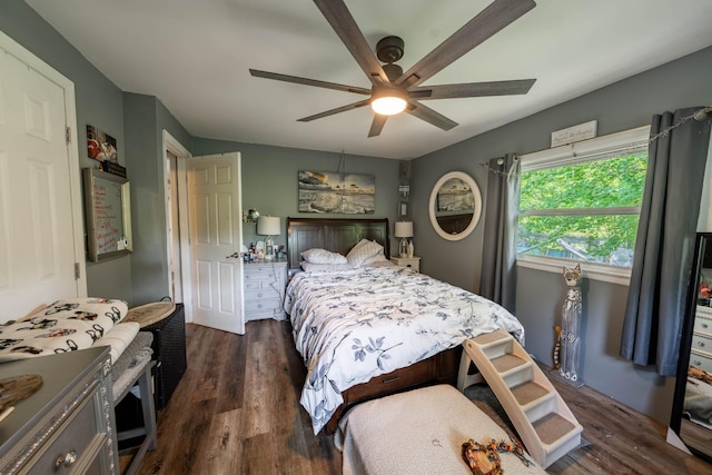 bedroom with ceiling fan and dark wood finished floors