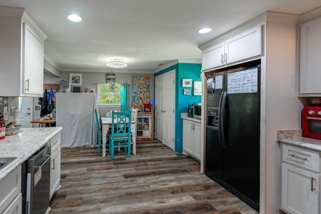 kitchen with ornamental molding, white cabinetry, dishwasher, and black fridge