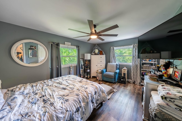 bedroom with multiple windows, a ceiling fan, and dark wood-style flooring