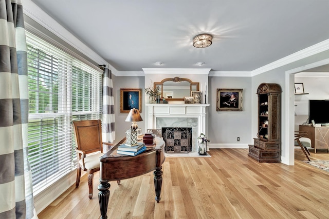 sitting room featuring a premium fireplace, a wealth of natural light, ornamental molding, and baseboards