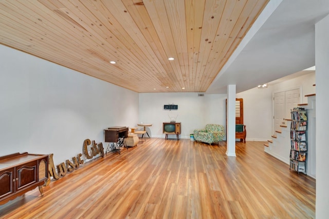 interior space with recessed lighting, visible vents, wood ceiling, wood finished floors, and stairway