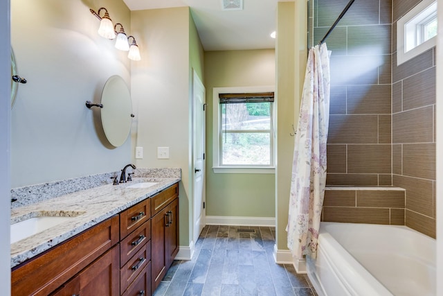 1545 Gravel Hill Rd, Columbia, TN 38401 - bathroom featuring baseboards, a sink, shower / bathtub combination with curtain, and double vanity