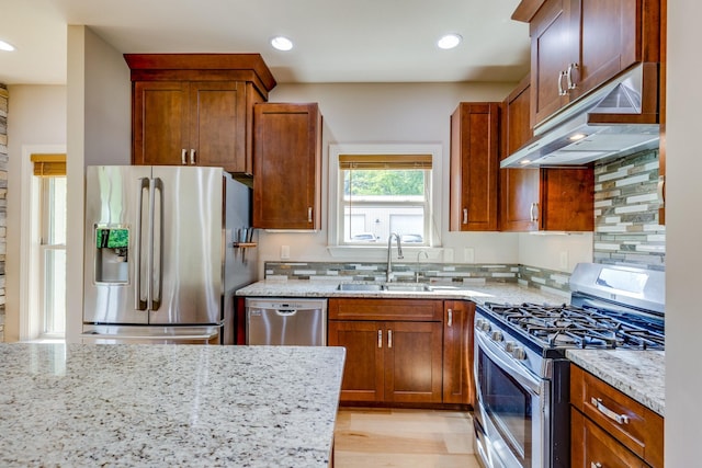 1545 Gravel Hill Rd, Columbia, TN 38401 - kitchen featuring under cabinet range hood, light stone counters, a sink, appliances with stainless steel finishes, and backsplash