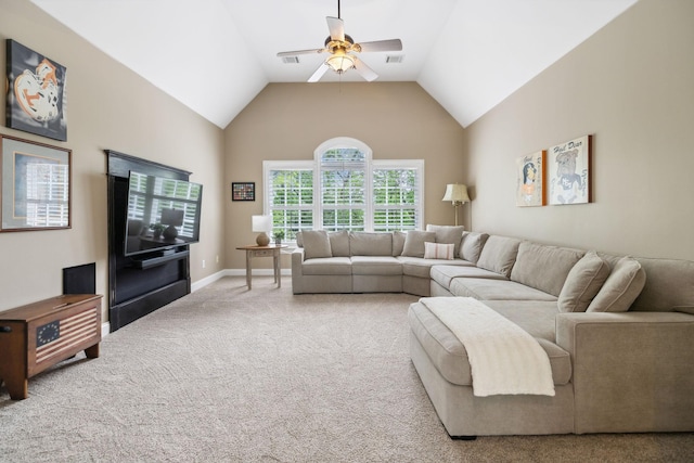 living area featuring visible vents, carpet flooring, ceiling fan, and lofted ceiling
