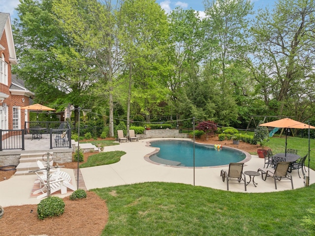 view of pool featuring a lawn, a patio, and a fenced in pool