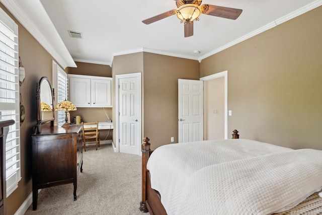bedroom featuring crown molding, baseboards, visible vents, and light colored carpet