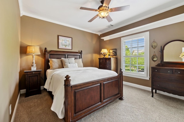 bedroom with baseboards, light carpet, and ornamental molding