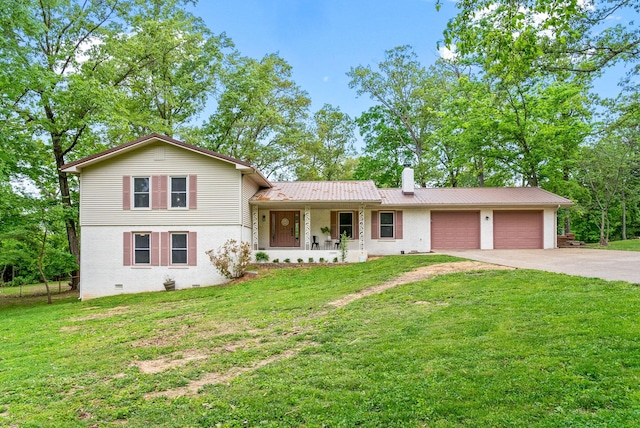 77 Deepwood Est, Cadiz, KY 42211 - split level home with covered porch, a chimney, a garage, aphalt driveway, and a front lawn