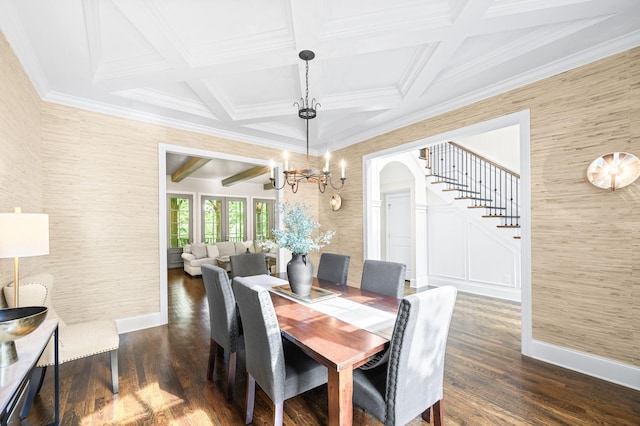 6553 Stableford Ln, Franklin, TN 37069 - dining area featuring arched walkways, dark wood-style flooring, coffered ceiling, and stairs