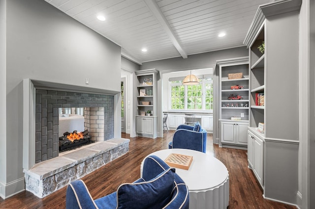 6553 Stableford Ln, Franklin, TN 37069 - living area featuring a fireplace, wood ceiling, beamed ceiling, and dark wood-style flooring