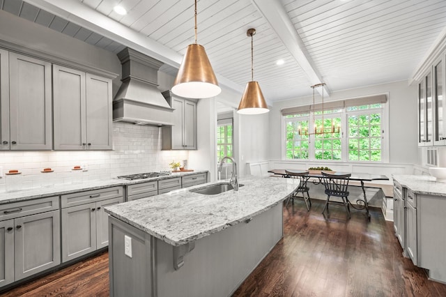 6553 Stableford Ln, Franklin, TN 37069 - kitchen featuring a sink, gray cabinetry, beam ceiling, and custom range hood