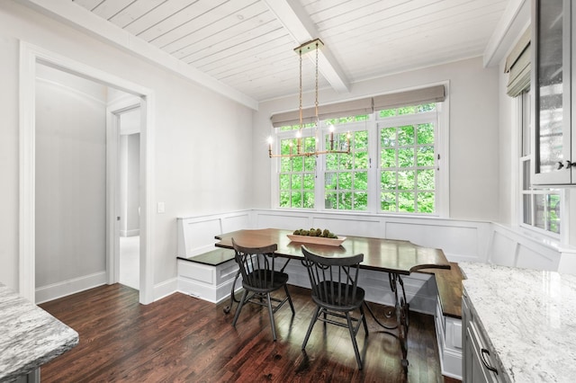 6553 Stableford Ln, Franklin, TN 37069 - dining area with beam ceiling, wooden ceiling, a wainscoted wall, breakfast area, and dark wood-type flooring