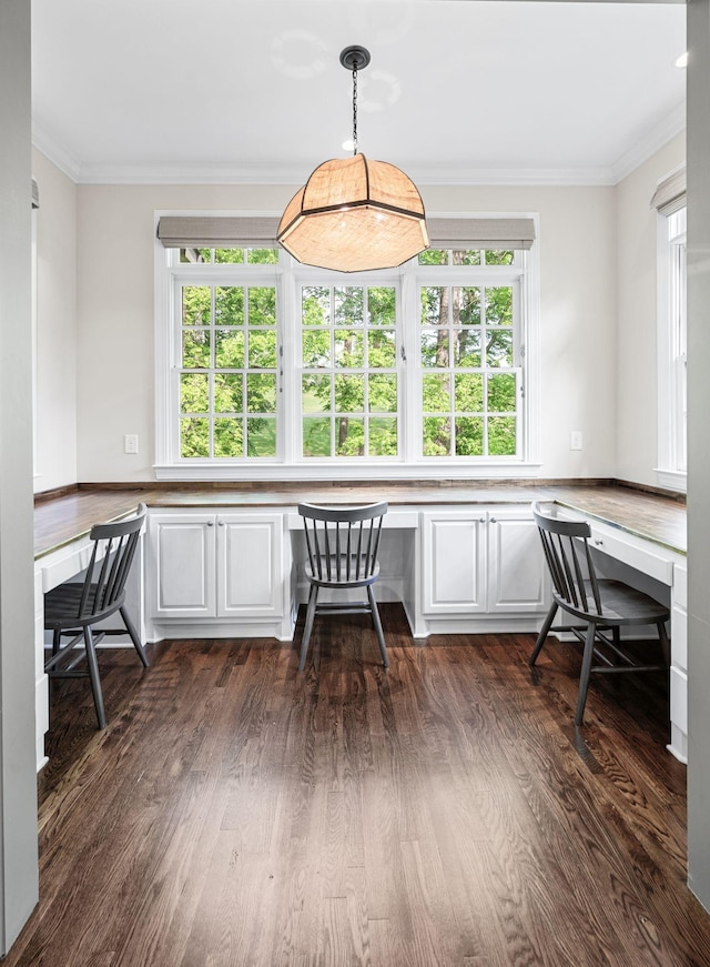 6553 Stableford Ln, Franklin, TN 37069 - office featuring built in study area, ornamental molding, and dark wood-style floors