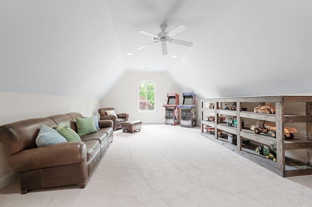6553 Stableford Ln, Franklin, TN 37069 - playroom featuring carpet flooring, a ceiling fan, and lofted ceiling