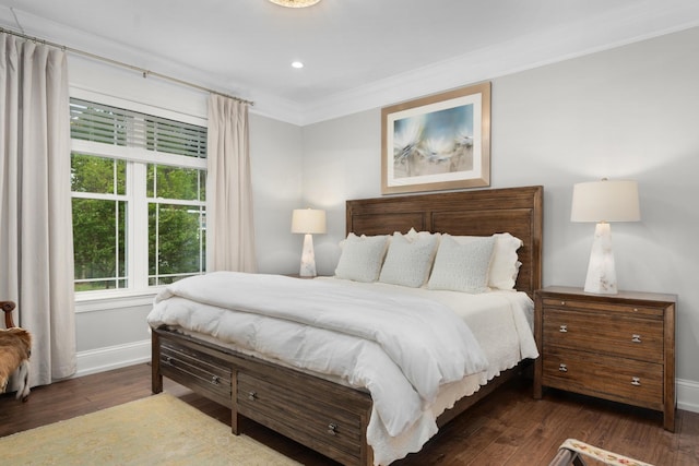 bedroom featuring recessed lighting, baseboards, ornamental molding, and hardwood / wood-style floors