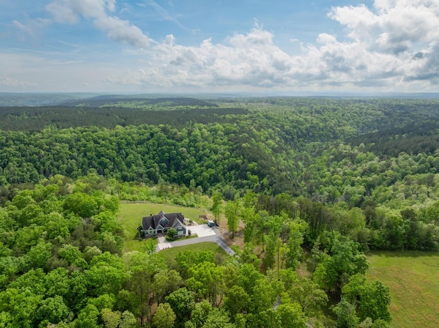 drone / aerial view with a wooded view