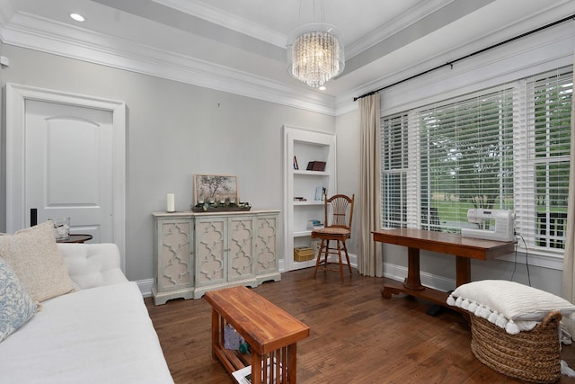 interior space with a notable chandelier, recessed lighting, baseboards, wood finished floors, and ornamental molding