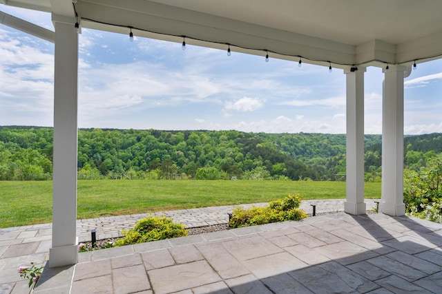 view of patio featuring a view of trees