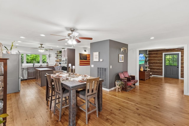 3124 Southall Rd, Franklin, TN 37064 - dining area with light wood-style flooring, a ceiling fan, recessed lighting, and baseboards