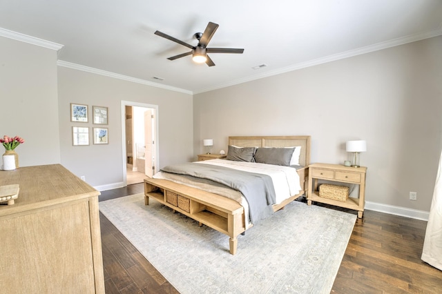 bedroom with dark wood-style flooring, crown molding, and visible vents