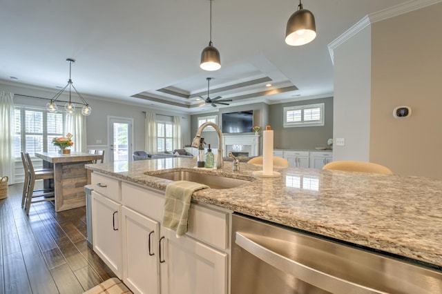 kitchen featuring a sink, ornamental molding, dishwasher, a fireplace, and ceiling fan