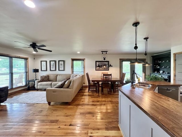 living area featuring a ceiling fan, plenty of natural light, and light wood finished floors